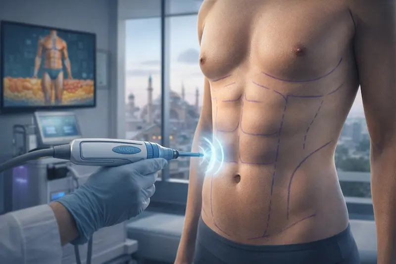 High Def Vaser Liposuction surgery photo showing abdominal markings and VASER ultrasound handpiece for high-definition body sculpting.