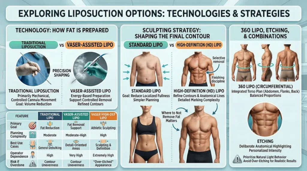 High-def VASER liposuction techniques and technology infographic comparing vaser high-def liposuction with traditional liposuction, standard vs HD lipo, and 360 lipo etching.