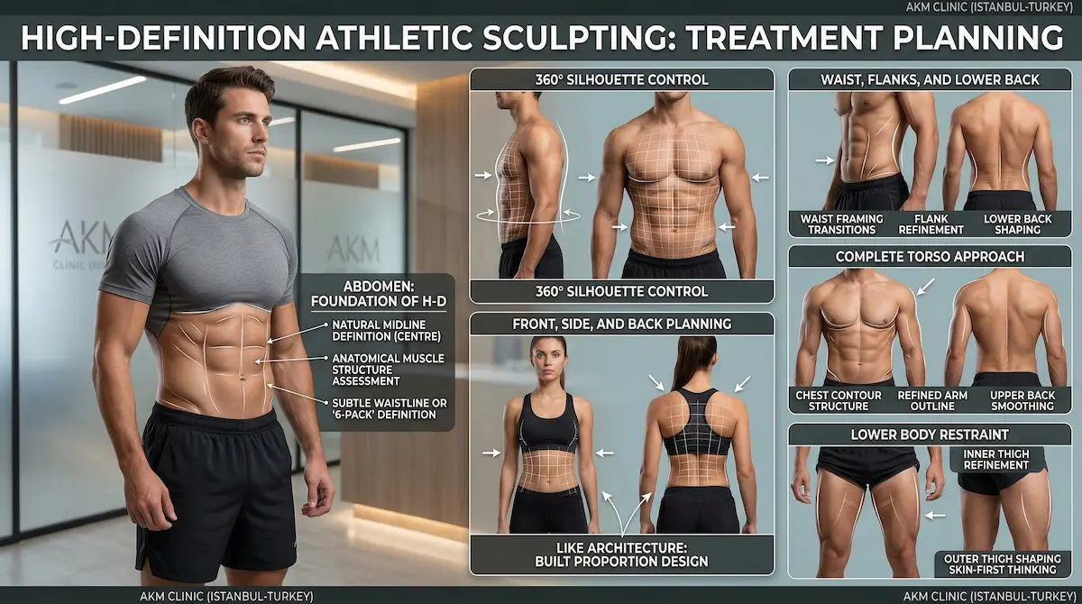 Hi-Def treatment planning infographic showing 360° silhouette control and abdomen mapping for 4D Vaser Hi-Def liposuction.