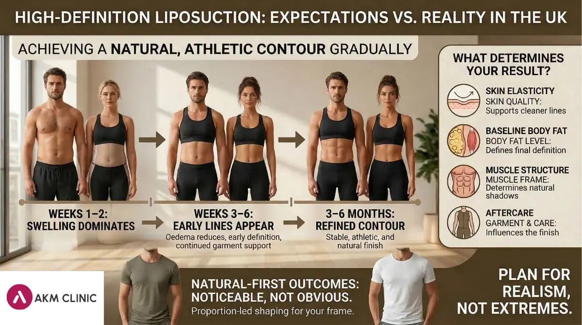 Hi-Def lipo timeline graphic (weeks 1–2, 3–6, 3–6 months) showing oedema settling after conscious sedation surgery.