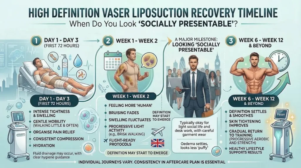 High Definition Vaser Liposuction recovery timeline infographic showing day 1–3, weeks 1–2, and weeks 6–12 results progression.