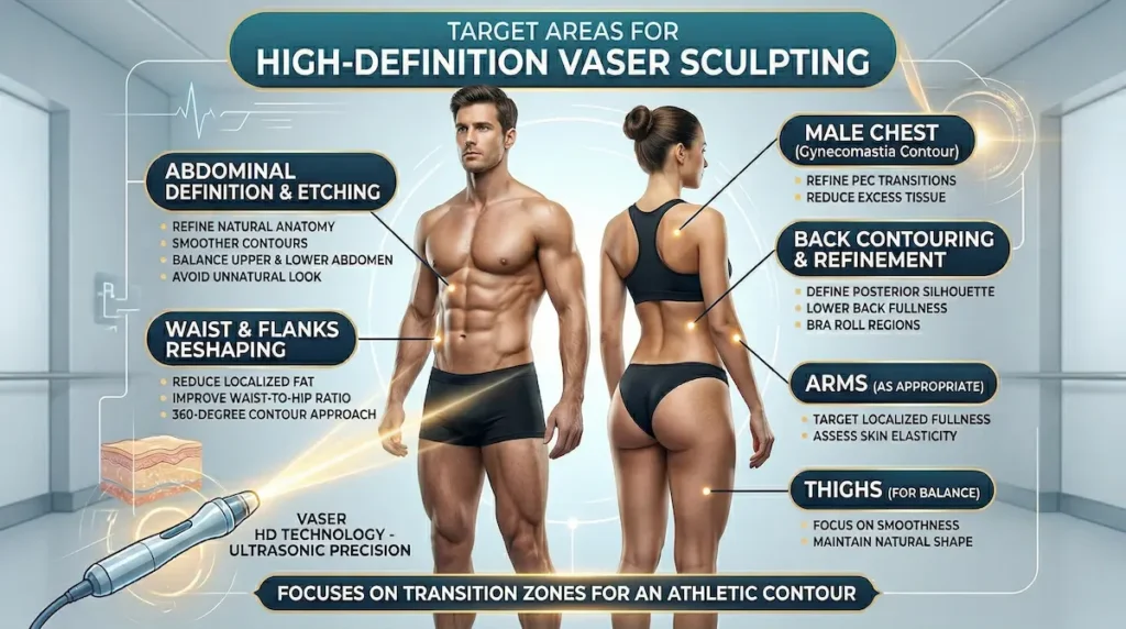 High-definition VASER sculpting targeted areas infographic showing vaser high-def liposuction zones including abdomen, waist/flanks, back, arms, thighs, and male chest.