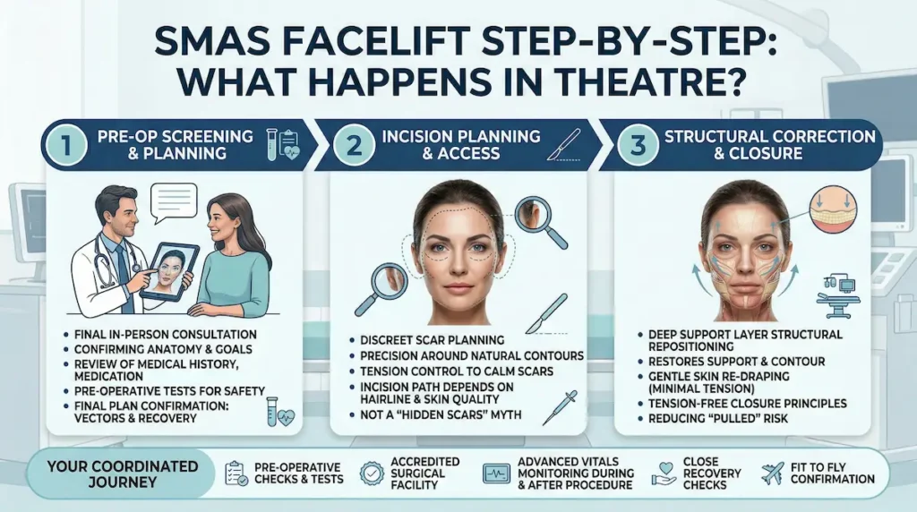 SMAS Facelift step-by-step infographic showing pre-op screening, incision planning, and structural correction with closure
