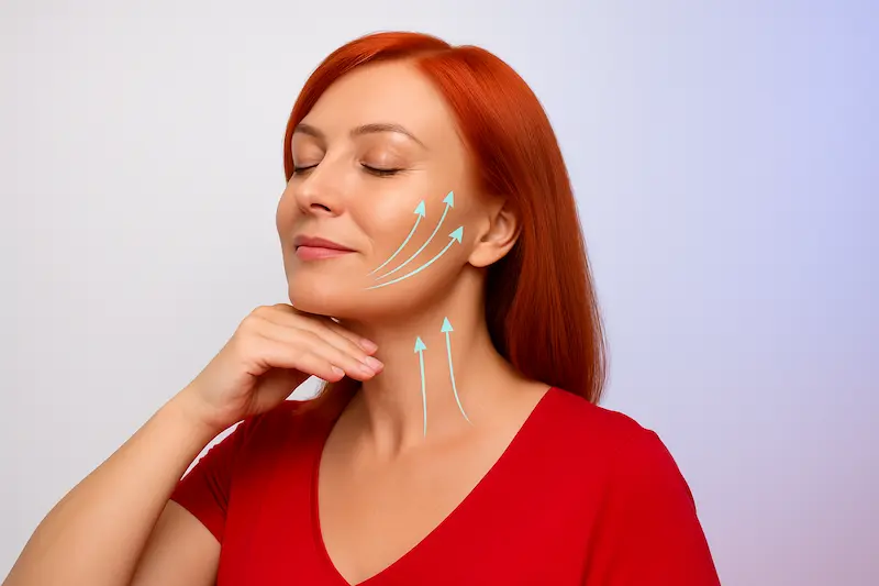 Middle-aged red-haired woman with lifting arrows on face and neck, illustrating high smas vs deep plane facelift rejuvenation results.