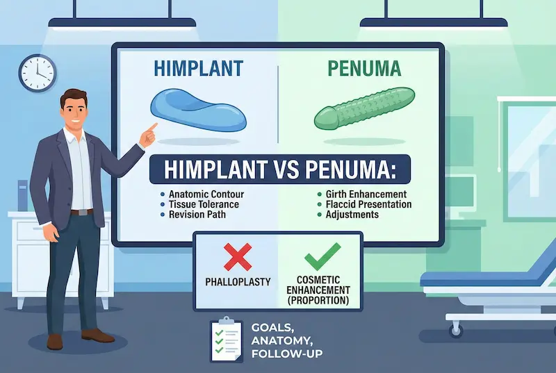 Himplant vs Penuma comparison infographic for Penis Enlargement: contour, tissue tolerance, revision path