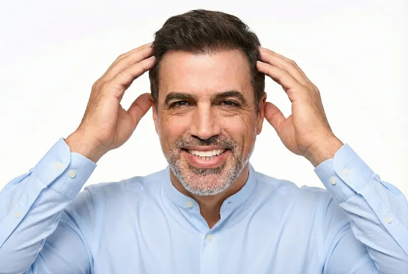 Happy middle-aged man touching his thick hair after natural hairline design, showing how experts create a natural frame with successful hair transplant.