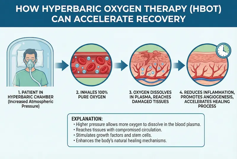 Diagram showing how to speed up facelift recovery with hyperbaric oxygen therapy (HBOT): patient in a pressurized chamber breathing 100% oxygen, oxygen dissolving in plasma, reaching healing tissues, and supporting inflammation reduction.