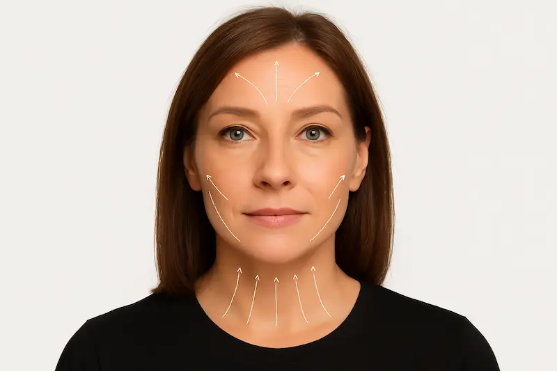 Middle-aged woman with facelift guide arrows on face and neck, illustrating how long does deep plane facelift last and where the lift is performed.