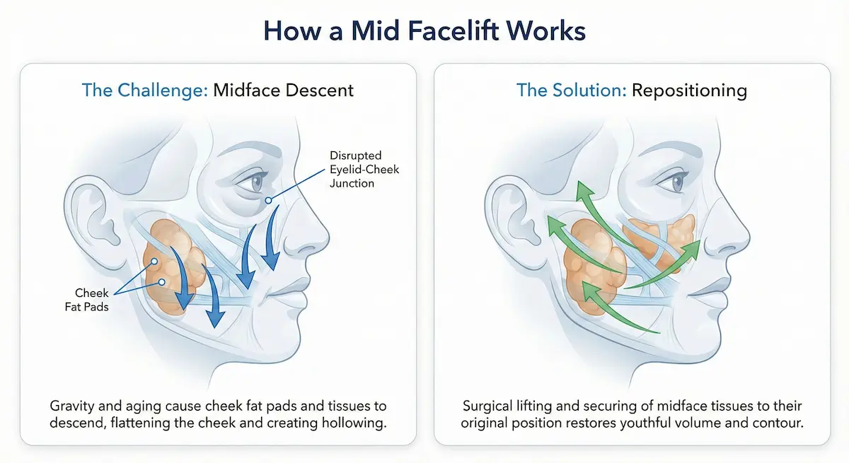 Educational diagram showing midface descent and how a mid facelift repositions cheek tissues to restore contour and support.