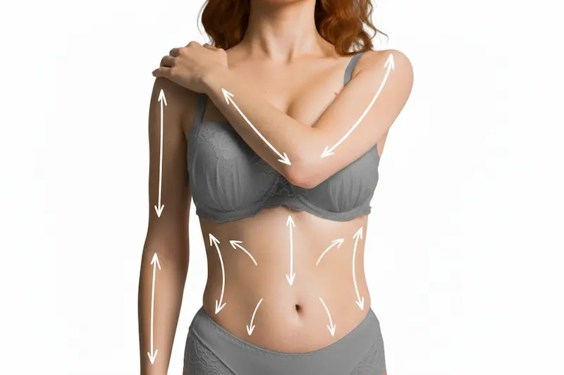 Cropped view of a woman in grey lingerie with white arrows on her arms and abdomen, illustrating how much does a mommy makeover cost when multiple body areas are treated.