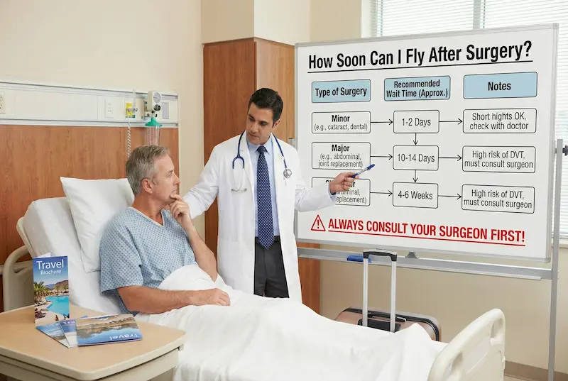 flight safety after surgery concept image showing a doctor advising a patient in a hospital room next to a board titled “How Soon Can I Fly After Surgery?” with recommended wait times and “Always consult your surgeon first.”