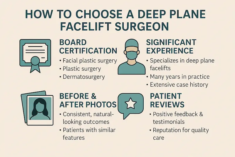 Horizontal infographic explaining how to choose the best deep plane facelift surgeon, showing key checks like board certification, experience, professional memberships, and patient reviews.