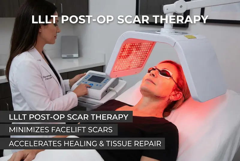 Minimize facelift scars laser: patient receives LLLT red-light therapy after facelift to support scar healing.
