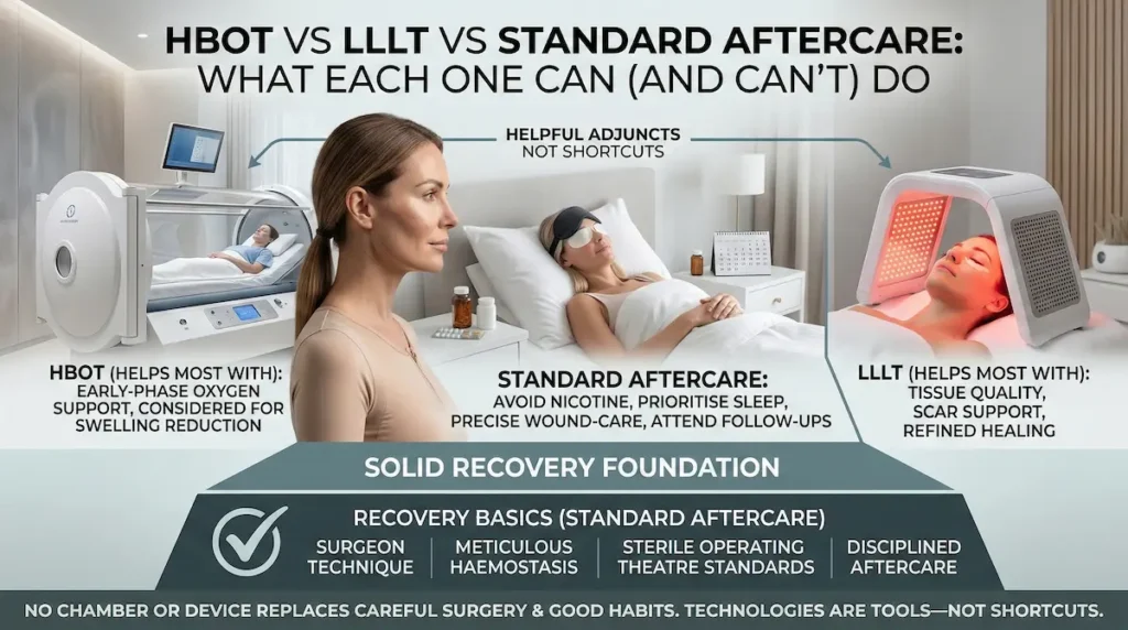 Speed up facelift recovery by comparing HBOT vs LLLT vs standard aftercare for swelling (oedema), bruising support, and safer healing.