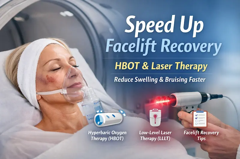 Speed up facelift recovery with HBOT and low level laser therapy to reduce swelling oedema and bruising after facelift safely.