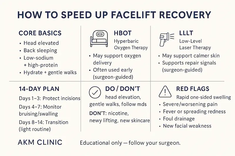 Infographic on how to speed up facelift recovery with HBOT and low-level laser therapy (LLLT), plus core basics, a 14-day timeline, do/don’t tips, and red flags.
