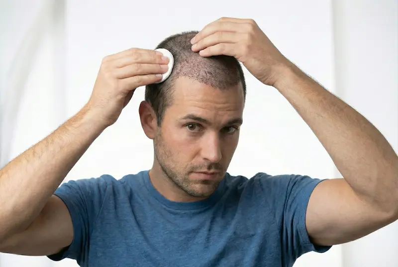 Post hair transplant aftercare: patient gently cleaning the scalp with a cotton pad to support better growth and healing.