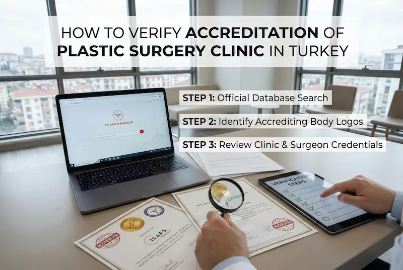 How to Verify Accreditation of Plastic Surgery Clinic guide with laptop, certificates, and checklist for official verification steps