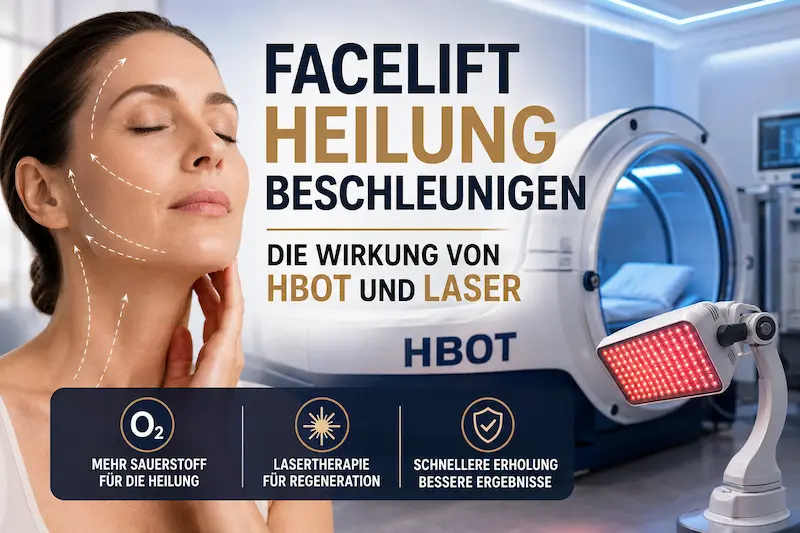Facelift Heilung beschleunigen HBOT: Patientin neben Druckkammer und LLLT-Gerät zur postoperativen Regeneration.