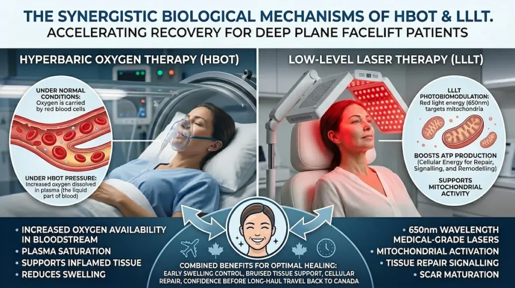 Deep plane facelift recovery HBOT LLLT infographic explaining how HBOT increases oxygen availability and LLLT supports cellular repair.