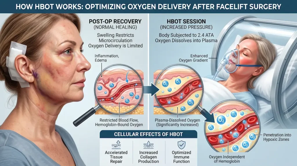Speed up facelift recovery HBOT diagram showing oxygen delivery into plasma and facial tissues after surgery.