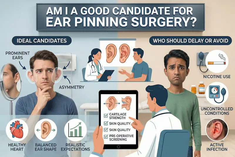 Ideal candidate for Otoplasty (Ear Surgery) infographic showing who qualifies and who should delay ear pinning surgery.