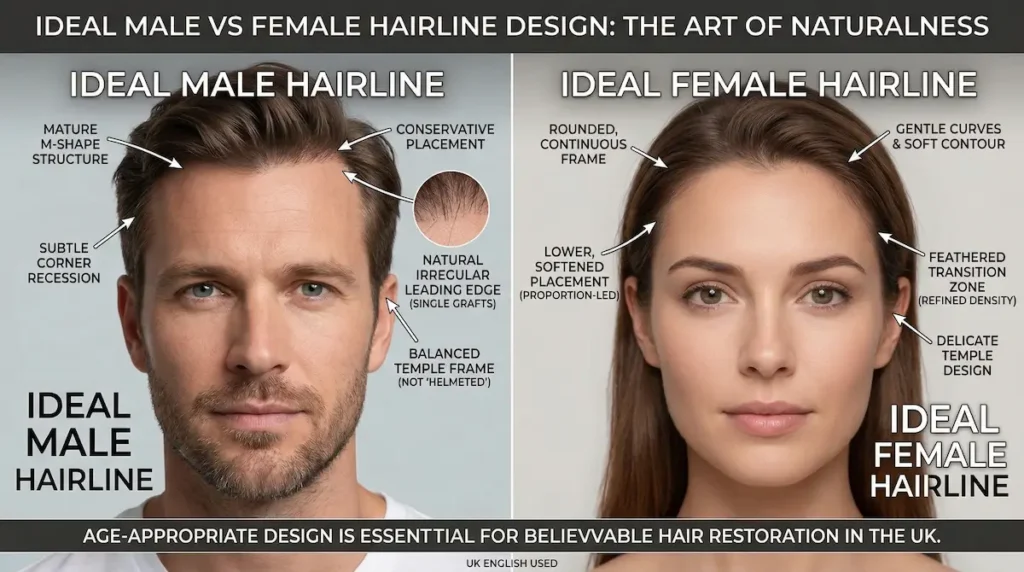 Hairline design infographic comparing ideal male vs female hairlines, showing temples, transition zones, and natural shape differences.