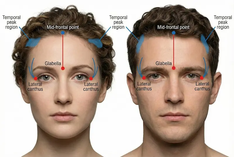 Ideal male vs female hairlines diagram showing anatomical landmarks such as glabella, mid-frontal point, lateral canthus and temporal peak region used for natural hairline design.