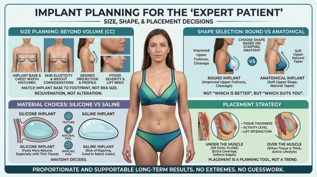 Infographic on implant planning for breast lift with implants, covering implant size (cc), round vs anatomical shape, and over/under-muscle placement.
