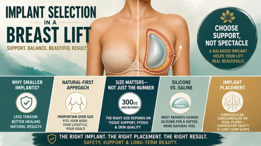 Implant Selection in a Lift Context diagram showing breast implant size, placement, and support planning for augmentation mastopexy.