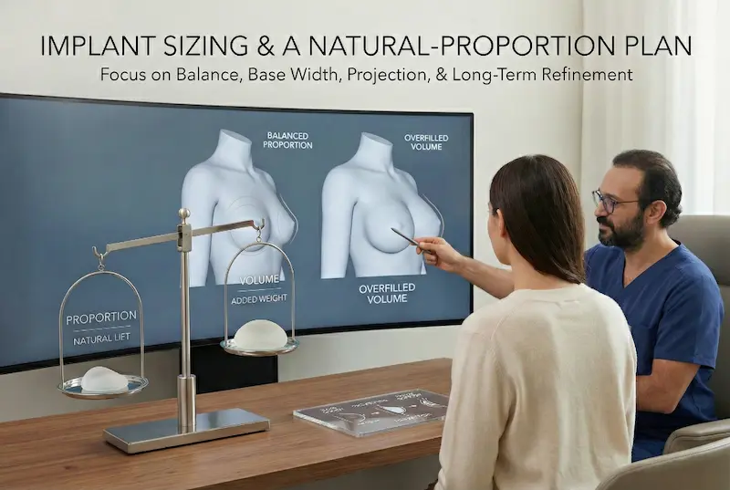 Breast Lift With Implants sizing consult showing balanced proportion vs overfilled volume on 3D planning screen.