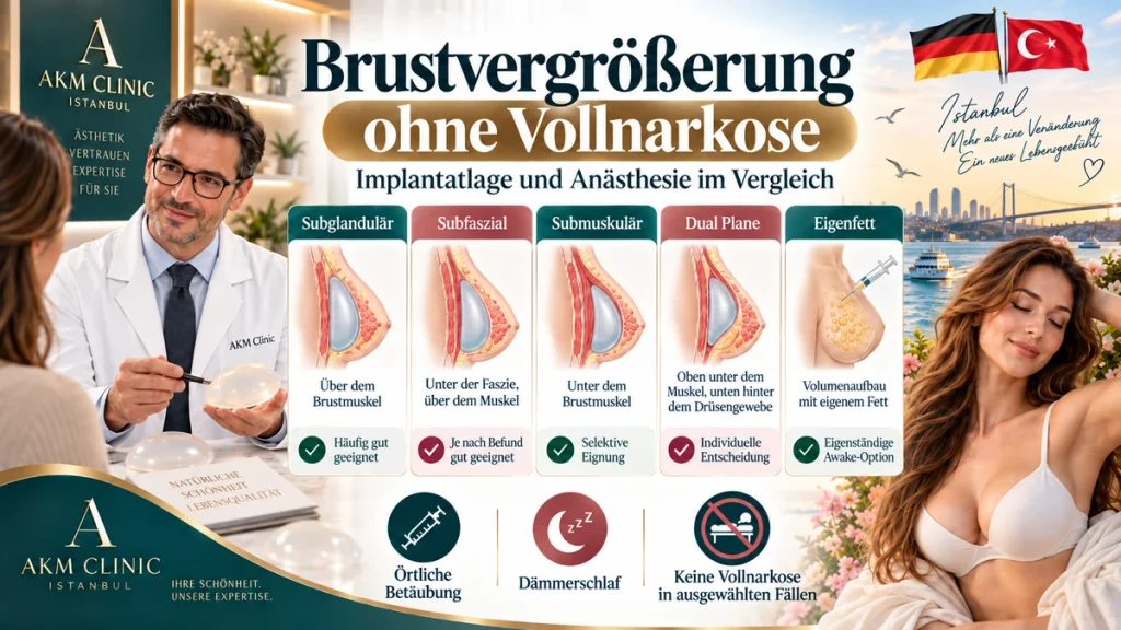 Implantatlage und Anästhesie im Vergleich bei Brustvergrößerung: subglandulär, subfaszial, submuskulär und Dual Plane.