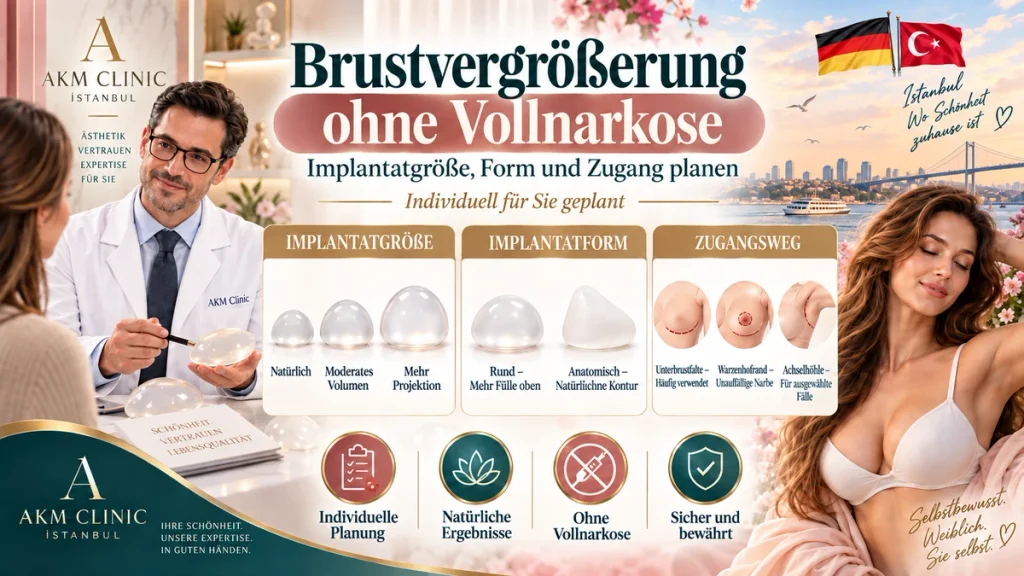 Implantatgröße, Form und Zugang planen bei Brustvergrößerung ohne Vollnarkose mit individuellen Implantatoptionen.