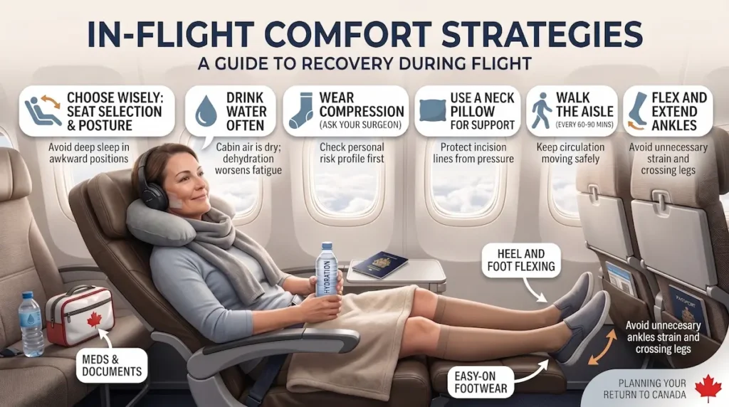 Canadian facelift patient using in flight comfort tips while planning when can you fly after a facelift on the return flight.