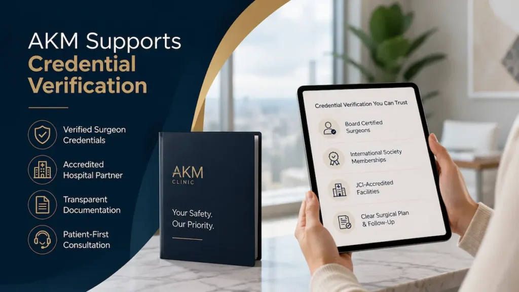 AKM Clinic tablet showing documentation support to verify surgeon credentials Turkey for Canadian cosmetic surgery patients.