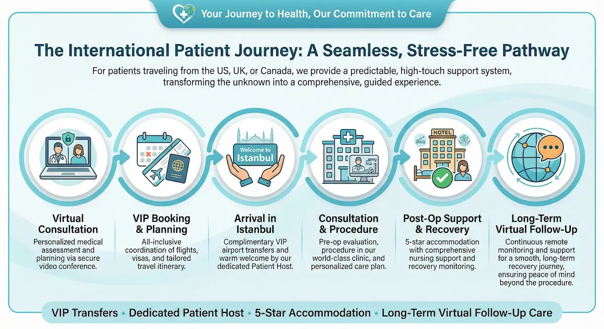 Infographic of the international patient journey with six steps: virtual consultation, VIP booking and planning, arrival in Istanbul, consultation and procedure, post-op support and recovery, and long-term virtual follow-up.