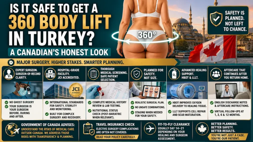 360 body lift safety in Turkey guide showing surgeon-of-record clarity, hospital standards, screening, HBOT support, and aftercare for Canadian patients.