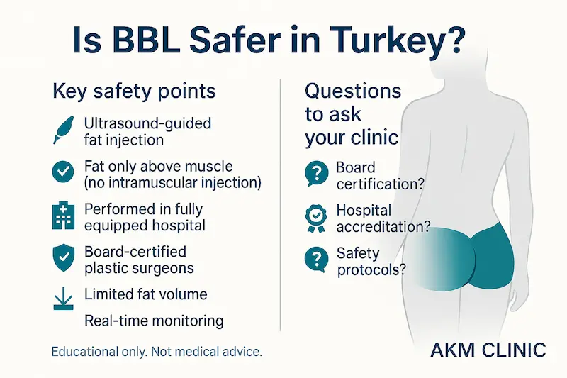 Infographic about BBL safety in Turkey showing key safety points, such as ultrasound-guided fat injection and fat only above muscle, plus questions to ask your clinic by AKM Clinic.