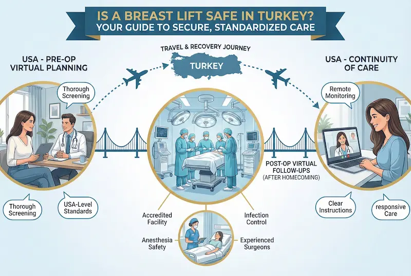 Is a Breast Lift Safe in Turkey? infographic showing pre-op virtual planning in the USA, accredited surgery in Turkey, and post-op virtual follow-ups for continuity of care.