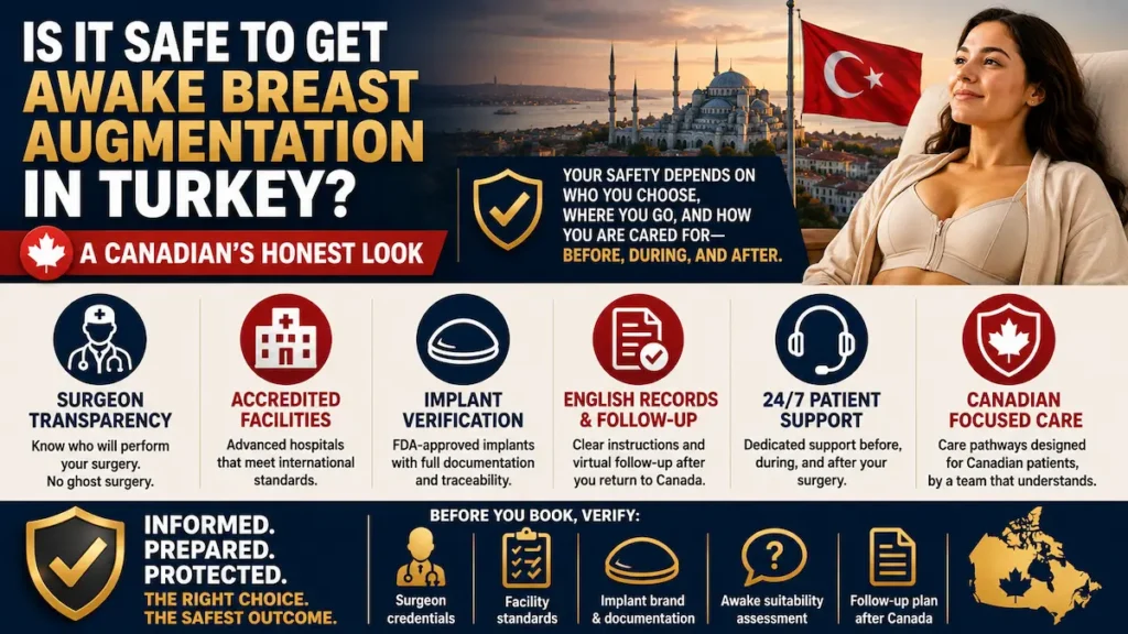 Awake Breast Augmentation in Turkey safety guide for Canadian patients covering surgeon transparency, implant verification, and follow-up care.