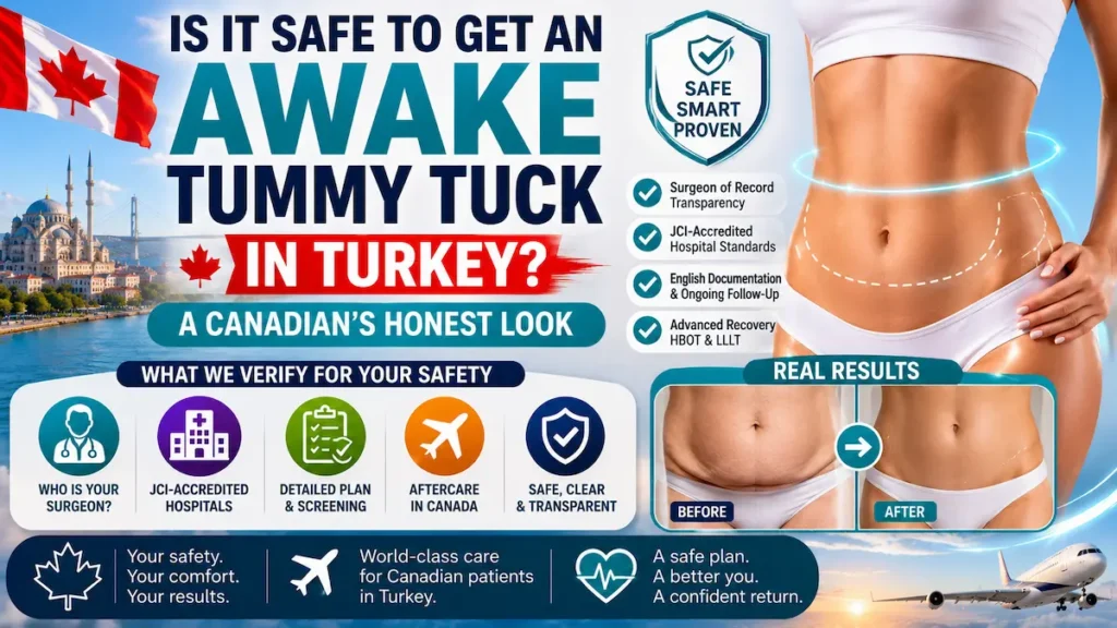 Awake tummy tuck safe in Turkey guide for Canadian patients covering surgeon transparency, screening, and follow-up care.