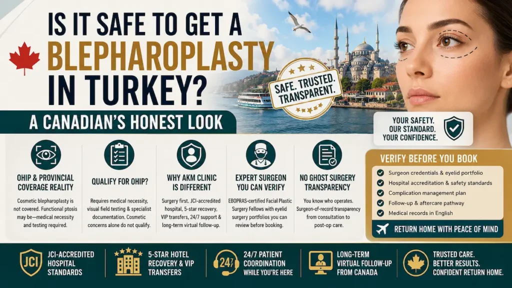 Blepharoplasty in Turkey safety infographic for Canadian patients showing OHIP coverage, surgeon verification, JCI standards, ghost surgery transparency, and follow-up care.