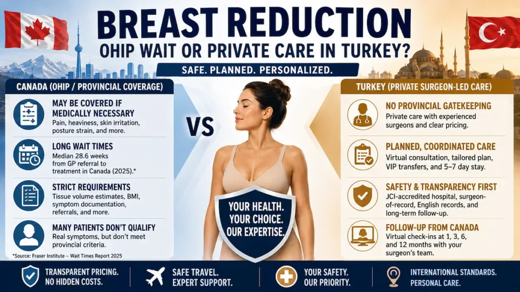 Breast reduction in Turkey infographic comparing OHIP wait times, provincial coverage, private surgeon-led care, safety standards, and follow-up from Canada.