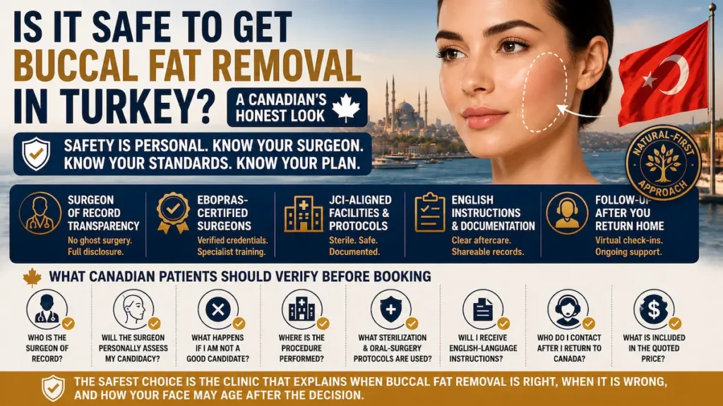 Buccal fat removal in Turkey safety infographic showing surgeon transparency, EBOPRAS credentials, JCI-aligned protocols, and Canadian patient checklist.