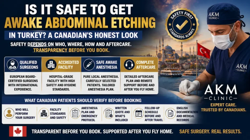 Is It Safe to Get Awake Abdominal Etching in Turkey infographic showing qualified surgeons, safe anesthesia, accredited facility, and aftercare.