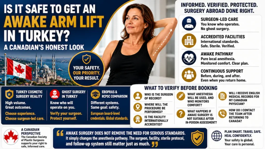 Is It Safe to Get an Awake Arm Lift in Turkey infographic showing surgeon-led care and safety checks.