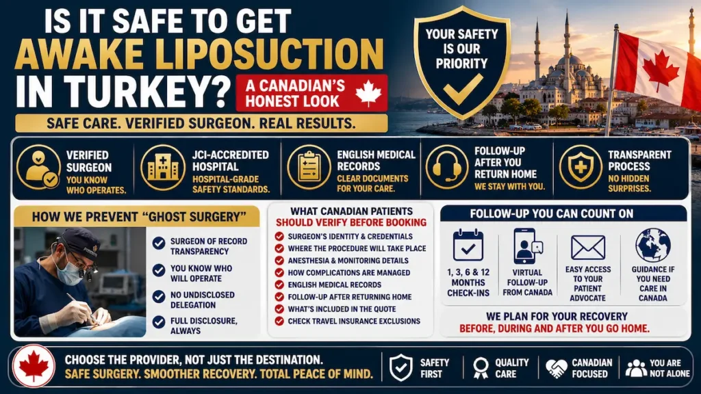Is It Safe to Get Awake Liposuction in Turkey infographic showing verified surgeon, JCI-accredited hospital, English medical records, follow-up, and Canadian patient safety checklist.