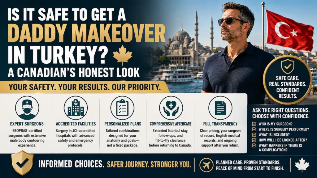 Daddy Makeover in Turkey safety guide for Canadian patients, showing surgeon credentials, accredited facilities, aftercare, and transparency.