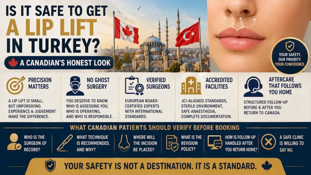 Lip lift in Turkey safety infographic for Canadian patients showing verified surgeons, no ghost surgery, accredited facilities, and aftercare.