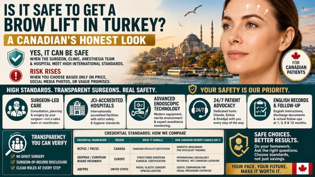 Brow lift in Turkey safety guide for Canadian patients showing surgeon-led care, JCI-accredited hospitals, and follow-up standards.